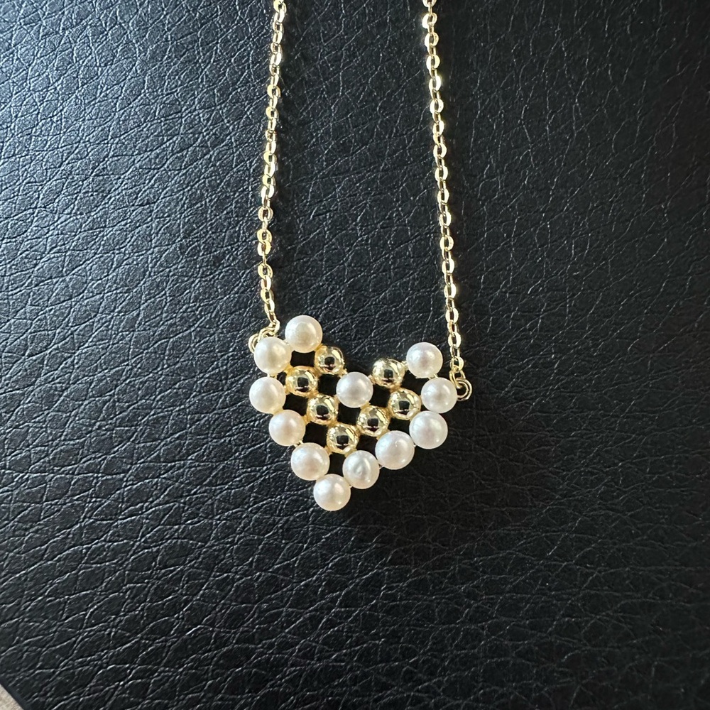 $179 NEW Pixilated Gold & Freshwater Pearl Heart Necklace